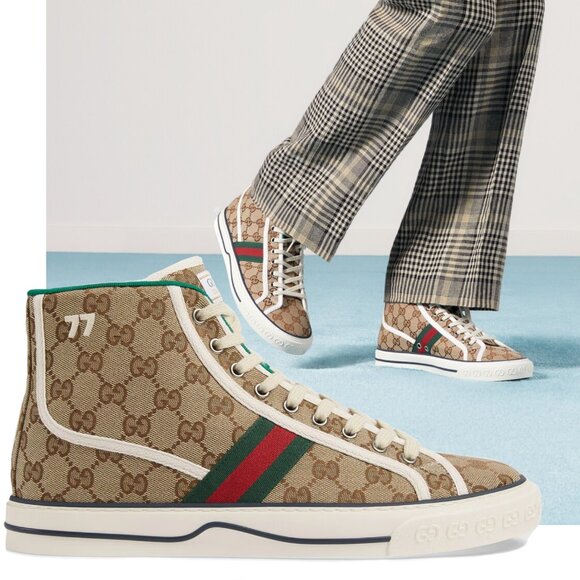 GUCCI MENS SNEAKERS TENNIS 1977 ORIGINAL GG LOGO CANVAS SHOES  sz 12.5 13 US - Picture 1 of 16